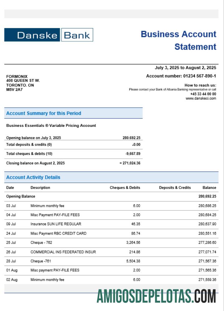 Exemplo de declaração de verificação de organização empresarial Danskebank em formato Word e PDF